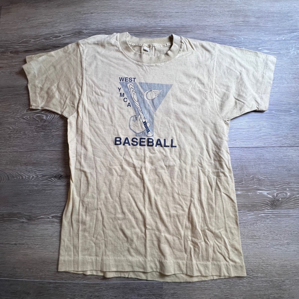 Vintage 80s Screen Stars YMCA Baseball Shirt Mens Small Tan Single Stitch USA
